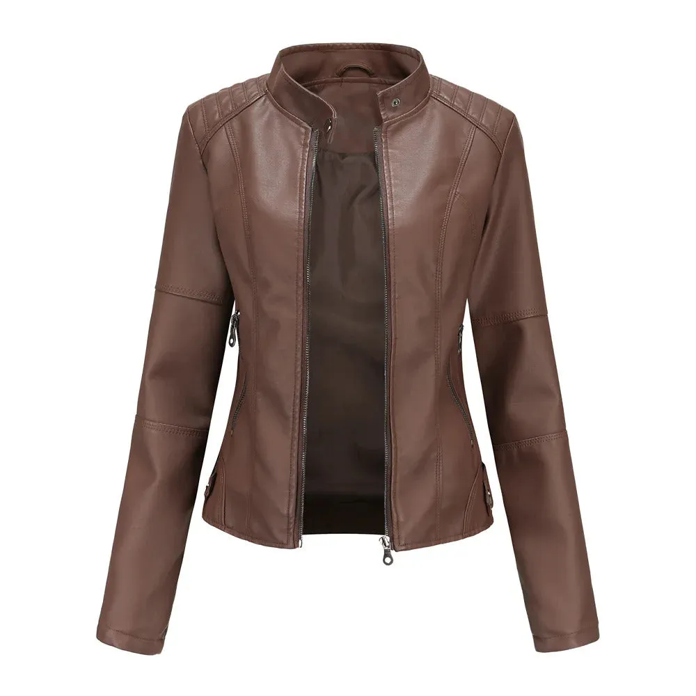 Leather coat  spring women leather jacket slim motorcycle clothing  Zipper fashion jackets and coats black high-quality clothing