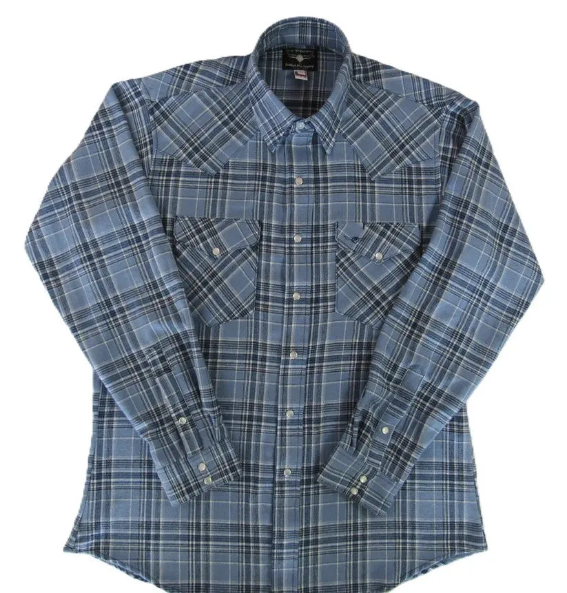 Men's Flannel Western Shirt - Denim Blue Plaid