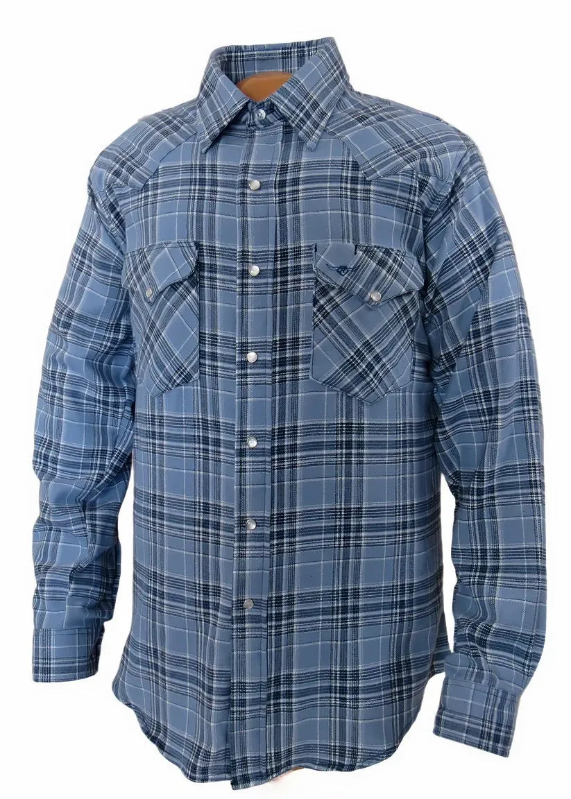 Men's Flannel Western Shirt - Denim Blue Plaid