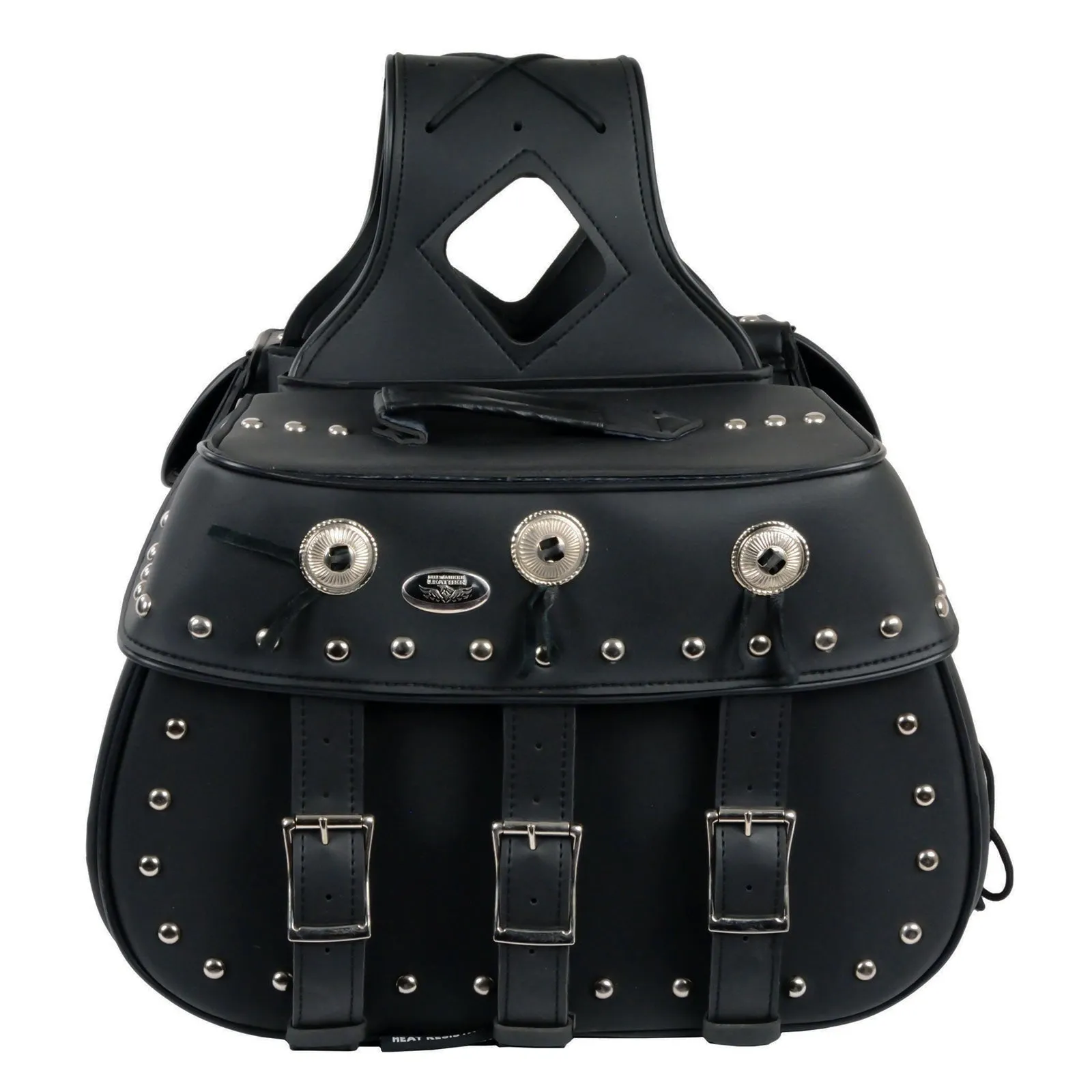 Milwaukee Leather SH652ZB Black Zip-Off Triple Buckle PVC Throw Over Motorcycle Saddle Bags with Studs (18X11X7X19)