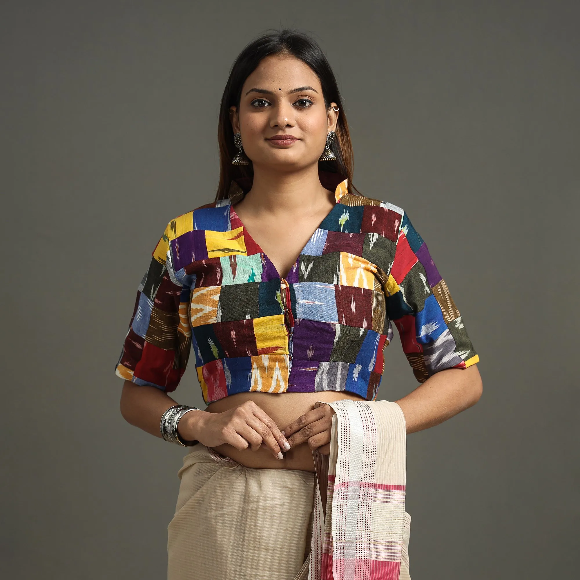 Multicolor - Pochampally Ikat Patchwork Cotton Stitched Blouse