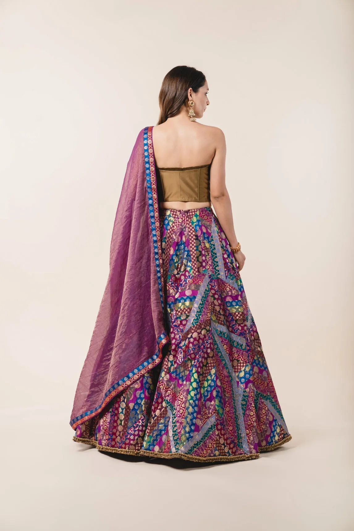 Multicoloured Brocade Lehenga & Olive Taffeta Corset