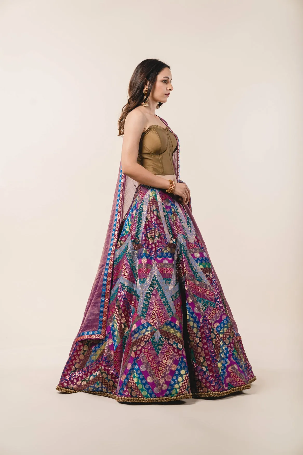 Multicoloured Brocade Lehenga & Olive Taffeta Corset