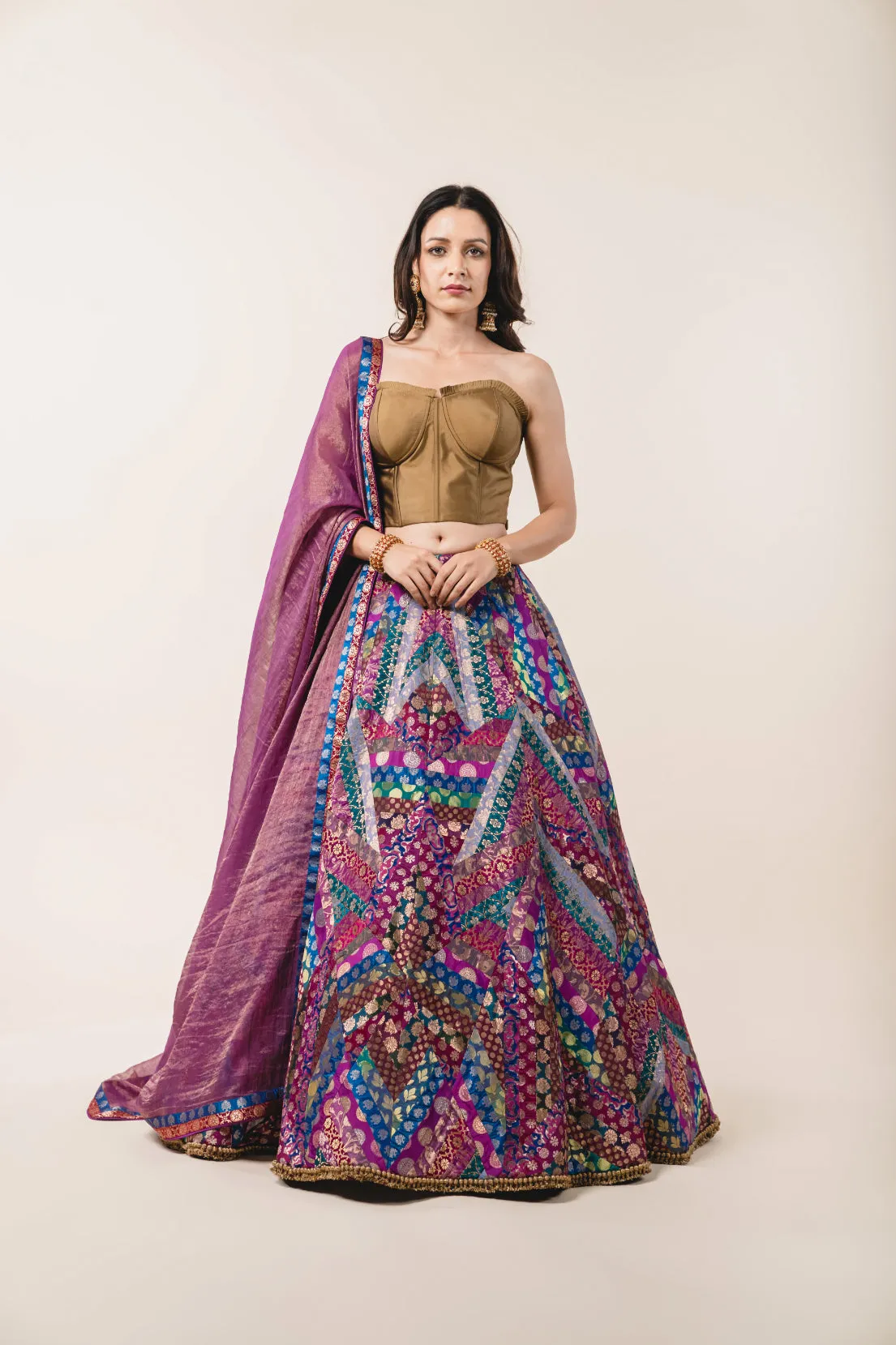 Multicoloured Brocade Lehenga & Olive Taffeta Corset