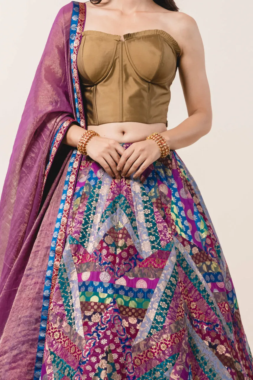 Multicoloured Brocade Lehenga & Olive Taffeta Corset