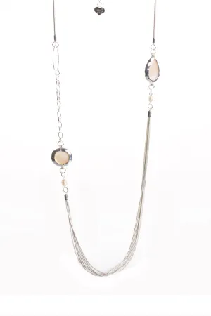 Multiple Layered Gem Stone Charm Chain Long Necklace in Silver