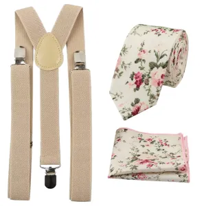 Olivia Cream Floral Cotton Skinny Tie & Pocket Square with Cream Beige Adult Braces Set