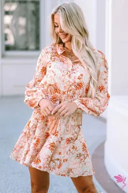 Orange Cinched Waist Floral Dress