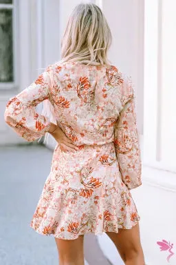 Orange Cinched Waist Floral Dress