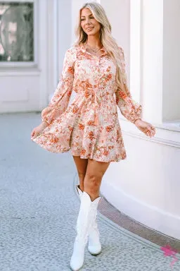 Orange Cinched Waist Floral Dress