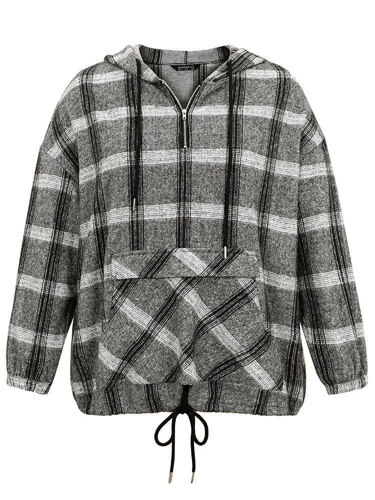 Plaid Half Zip Pocket Hooded Sweatshirt