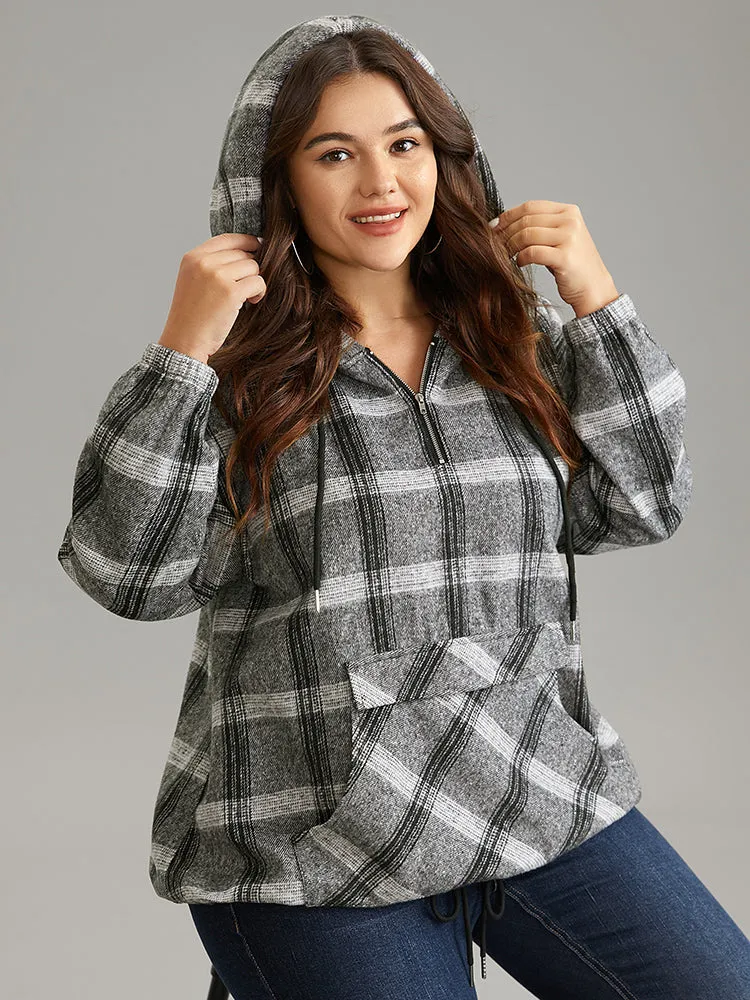 Plaid Half Zip Pocket Hooded Sweatshirt