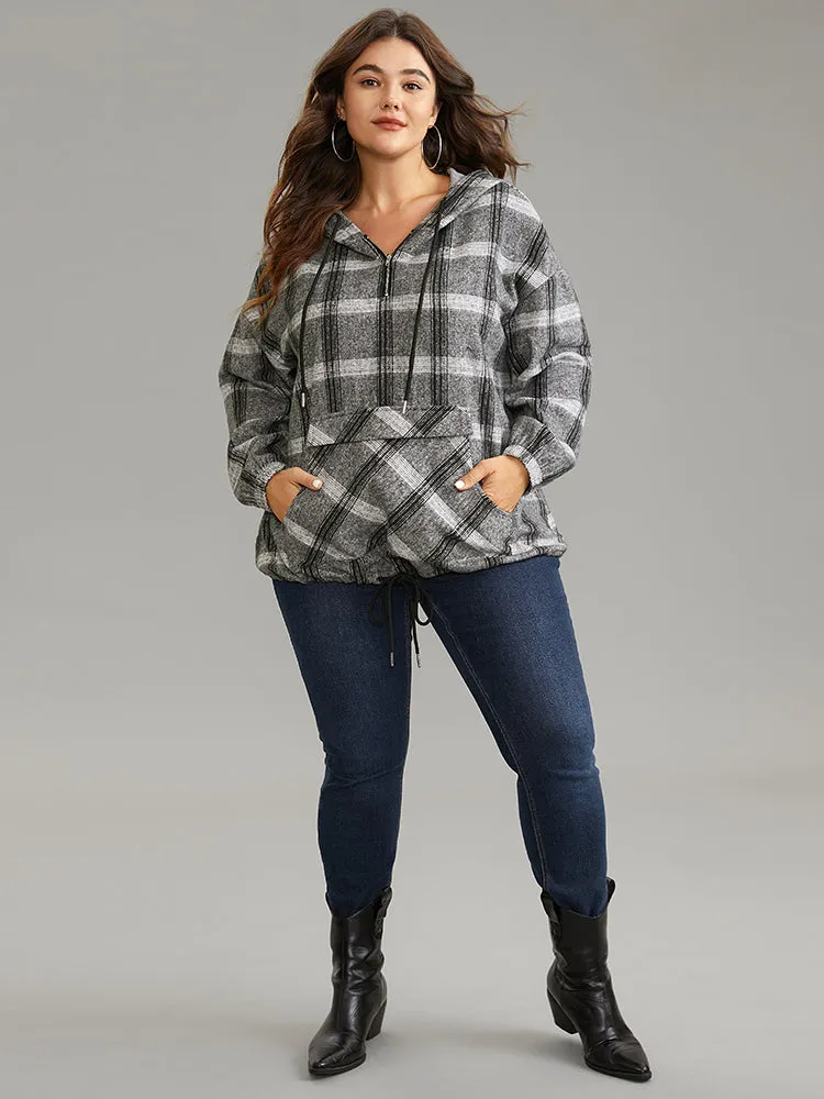 Plaid Half Zip Pocket Hooded Sweatshirt