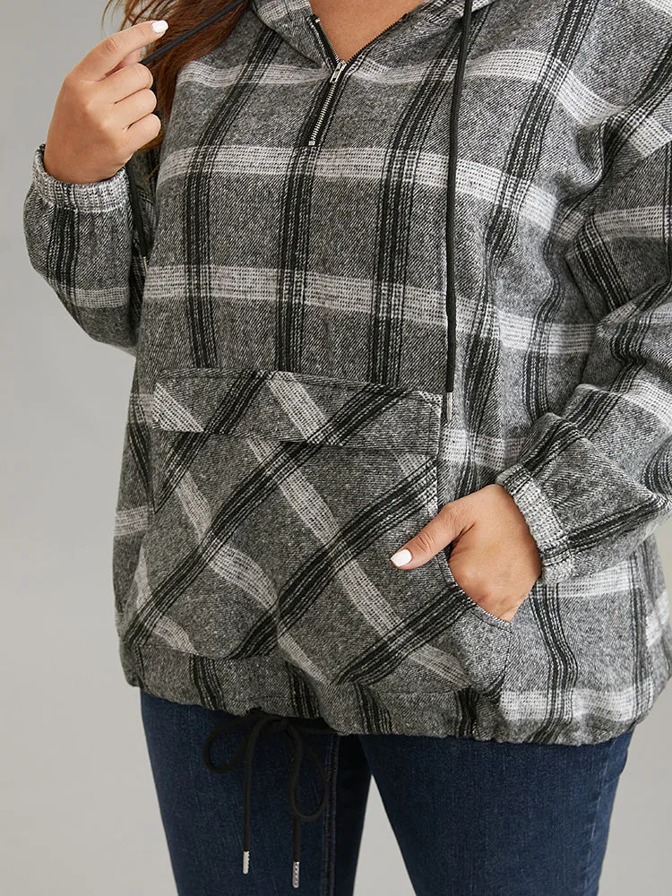 Plaid Half Zip Pocket Hooded Sweatshirt