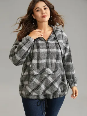 Plaid Half Zip Pocket Hooded Sweatshirt