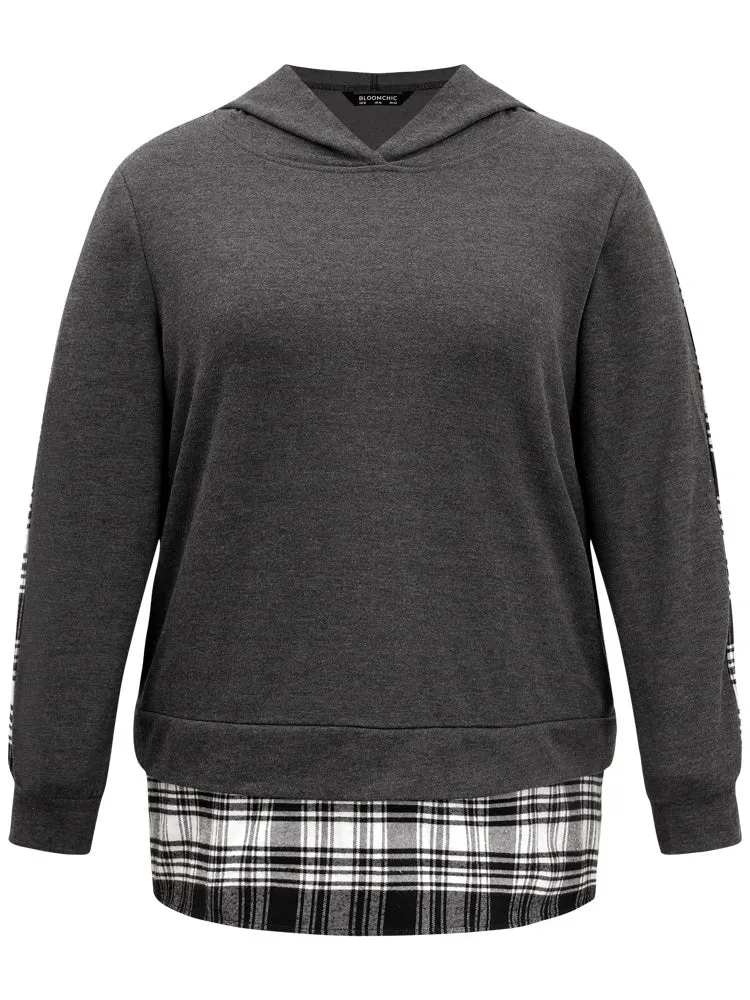 Plaid Hem Patchwork Hooded Sweatshirt