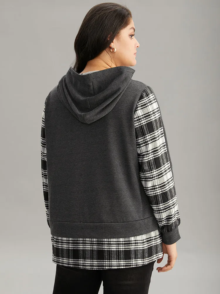 Plaid Hem Patchwork Hooded Sweatshirt