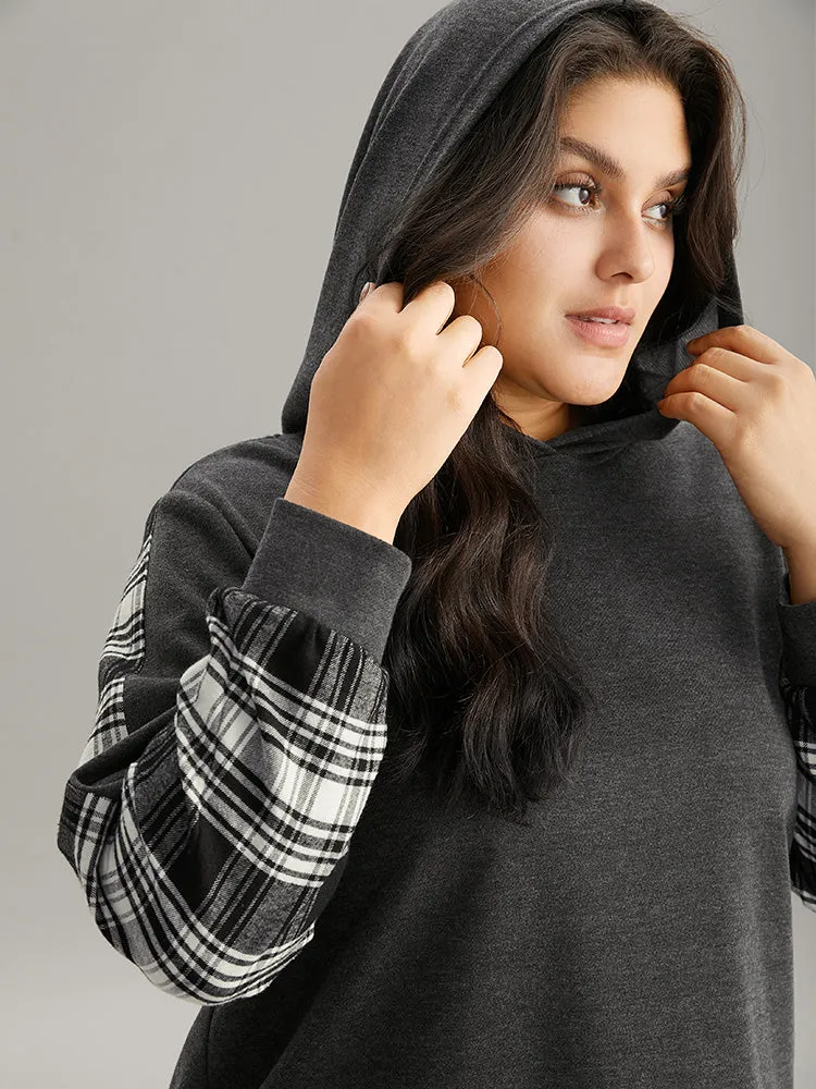 Plaid Hem Patchwork Hooded Sweatshirt