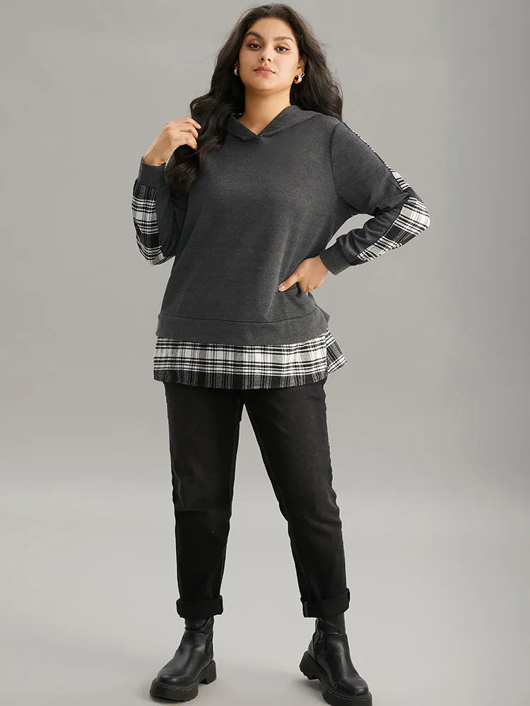 Plaid Hem Patchwork Hooded Sweatshirt