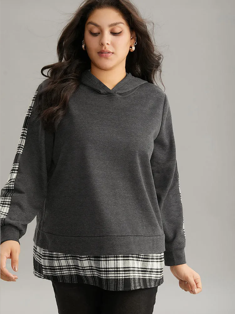 Plaid Hem Patchwork Hooded Sweatshirt