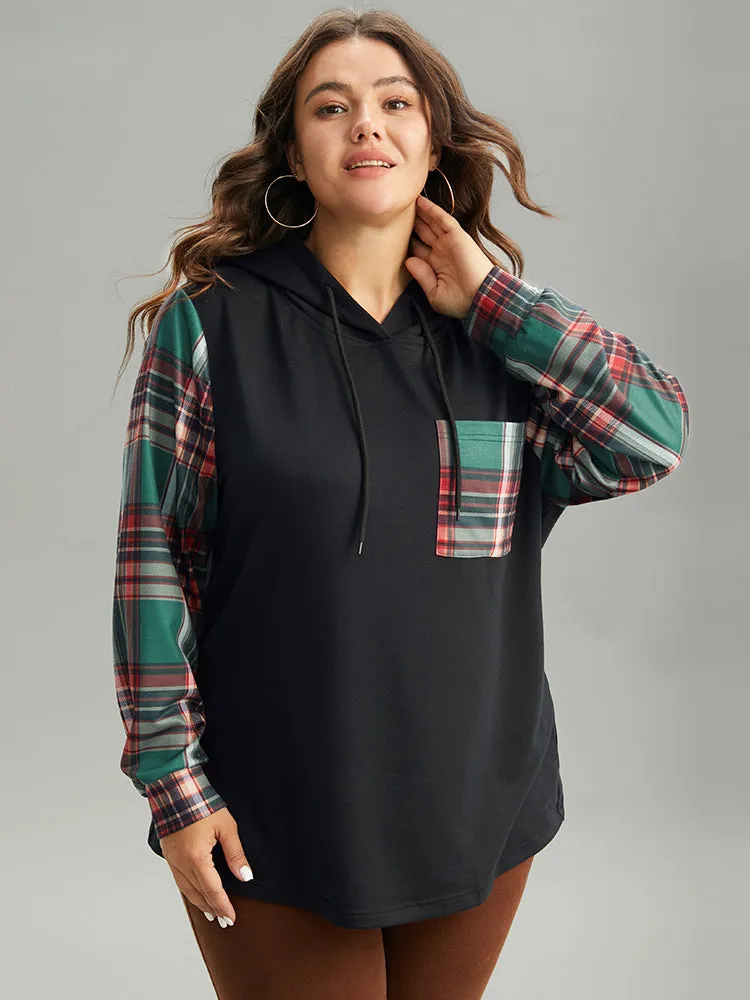 Plaid Patchwork Hooded Patched Pocket Sweatshirt