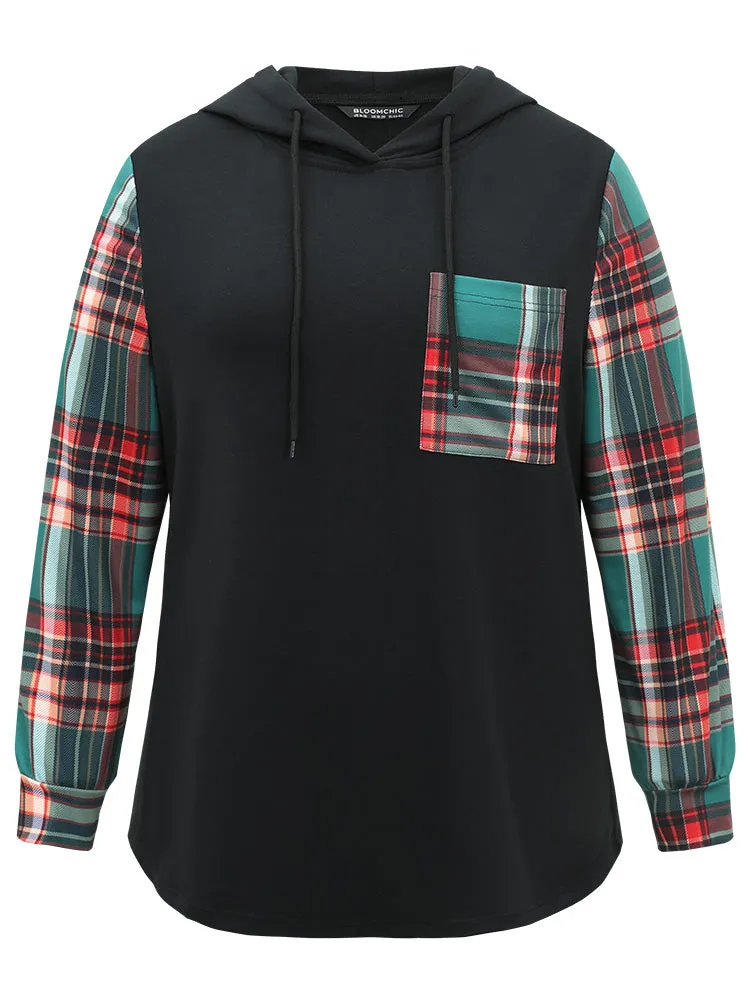 Plaid Patchwork Hooded Patched Pocket Sweatshirt