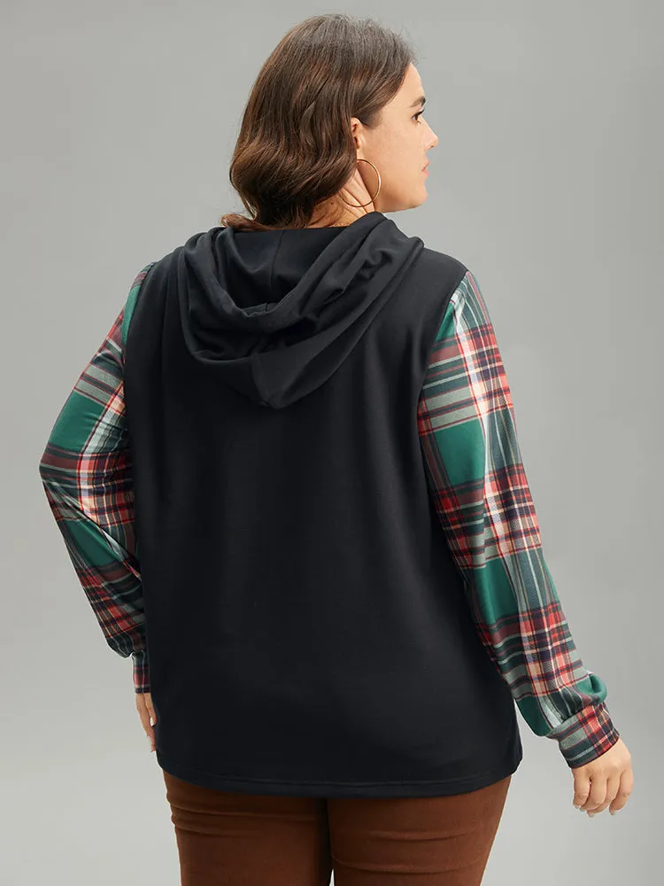 Plaid Patchwork Hooded Patched Pocket Sweatshirt