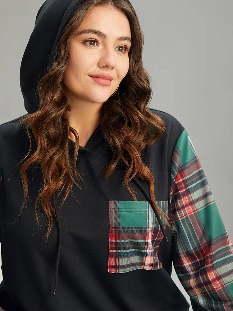 Plaid Patchwork Hooded Patched Pocket Sweatshirt