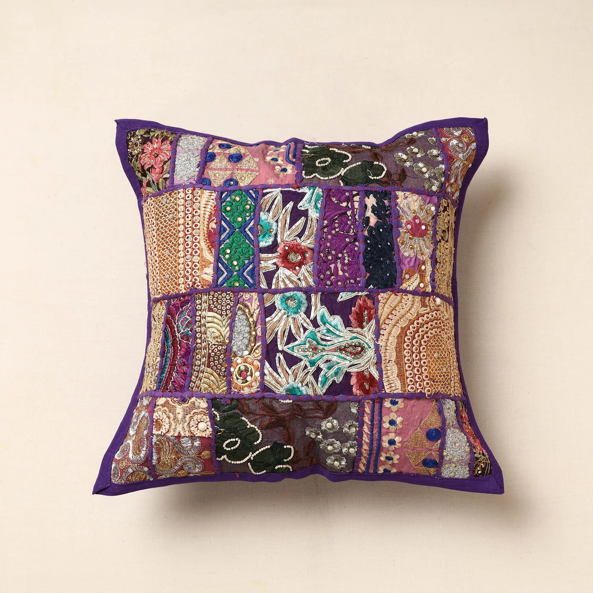 Purple - Khambadiya Patchwork Cotton Cushion Cover (16 x 16 in)