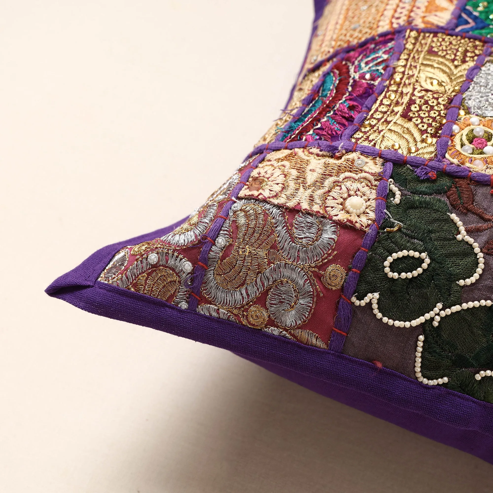 Purple - Khambadiya Patchwork Cotton Cushion Cover (16 x 16 in)