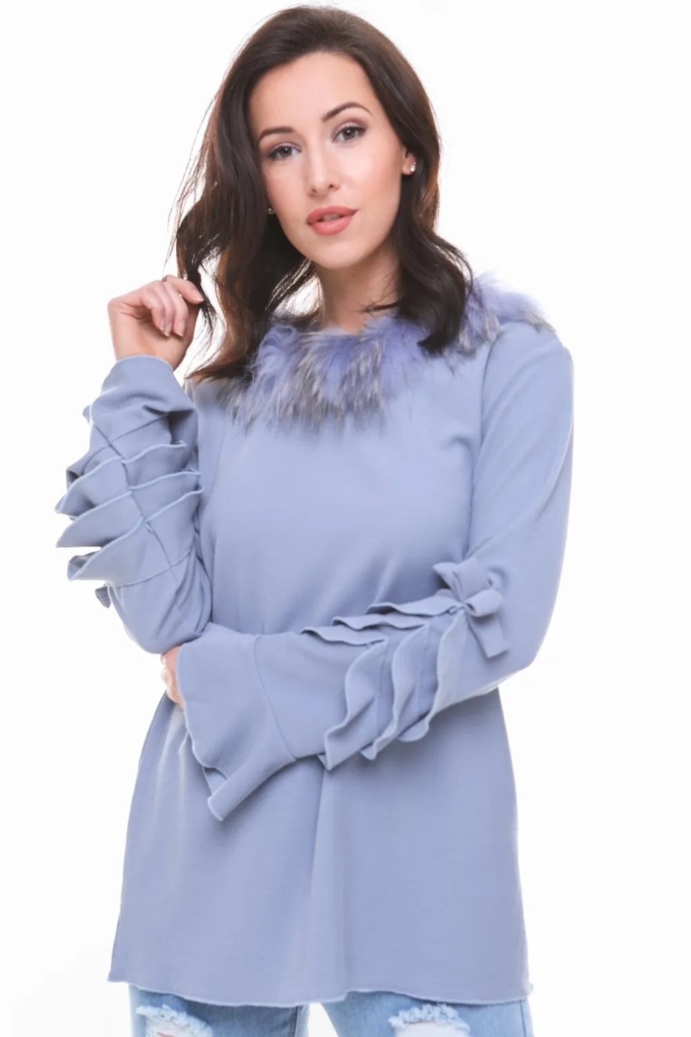 Ruffle Bow Detail Bell Sleeve Fur Trim Collar Knitted Jumper