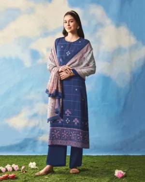 Saadgi Cambric Cotton Women Unstitched Blue Suit Set