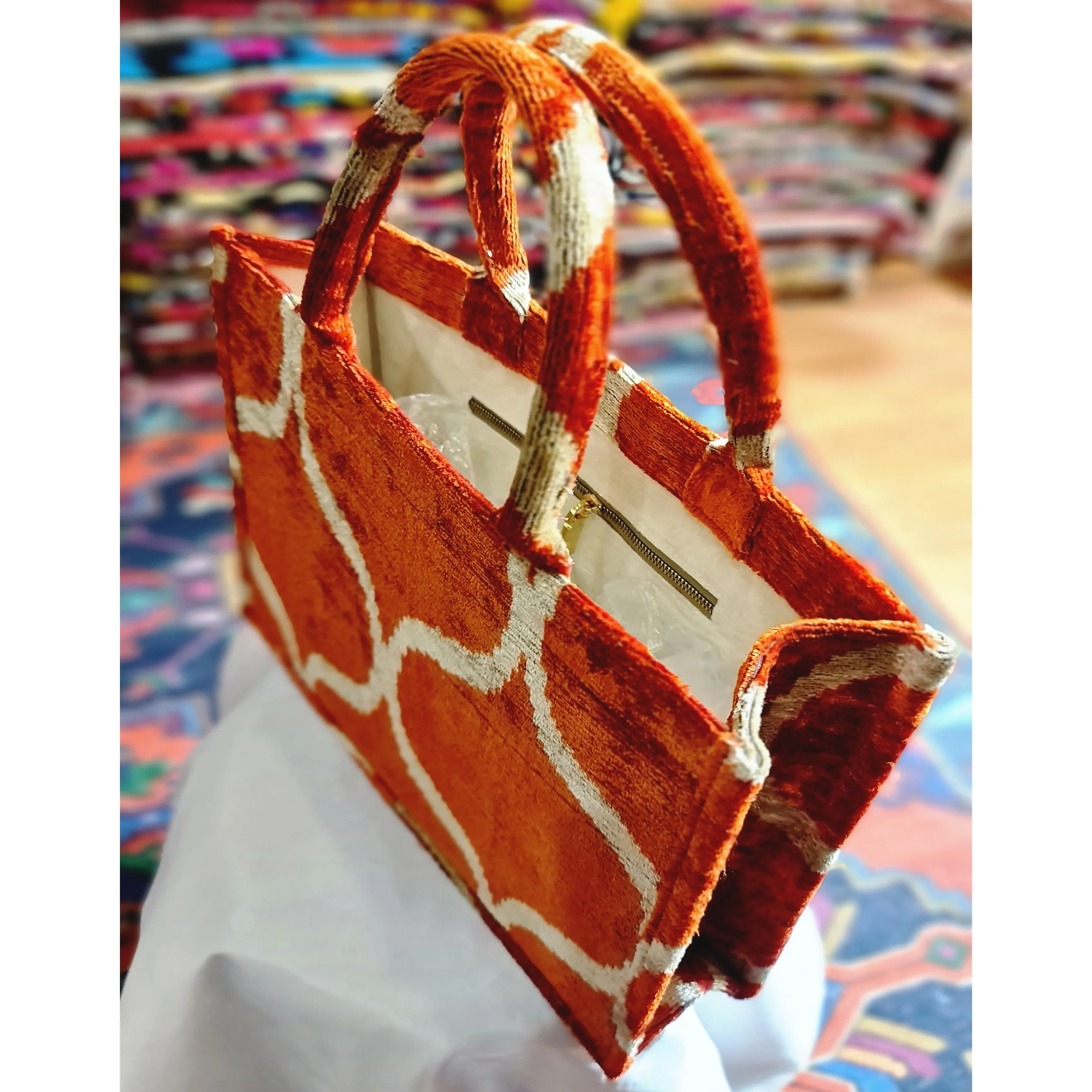 Silk Velvet Ikat Tote Bag Orange