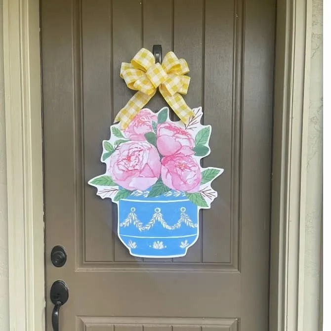 The Sarah Peonies Door Hanger: Light Pink and White Gingham