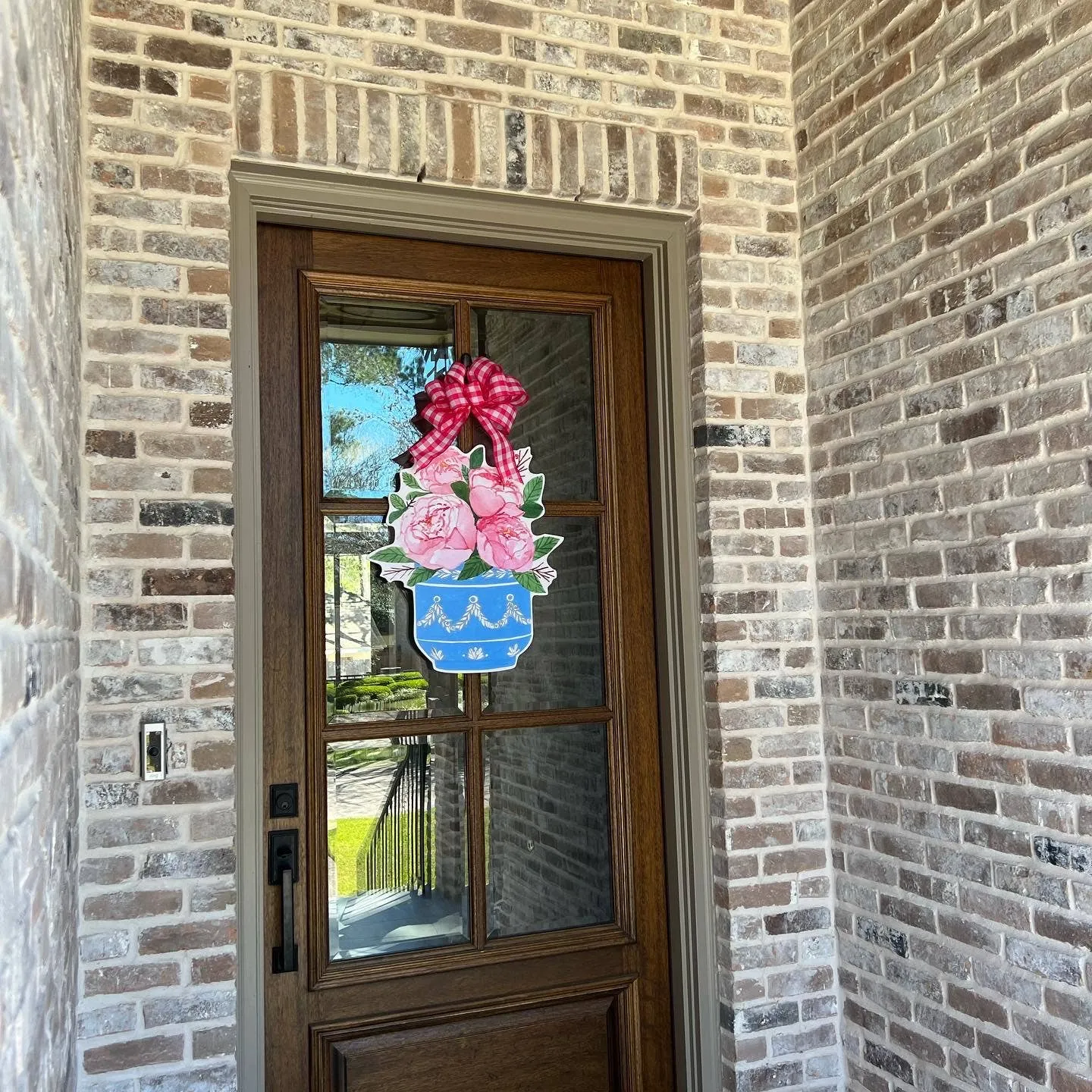 The Sarah Peonies Door Hanger: Light Pink and White Gingham