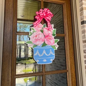 The Sarah Peonies Door Hanger: Light Pink and White Gingham