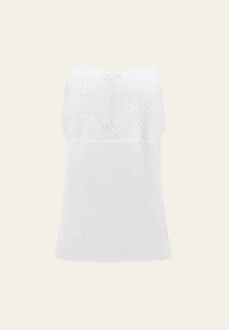 White Sleeveless Square-neck Patchwork Top