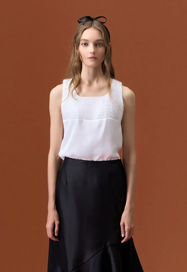 White Sleeveless Square-neck Patchwork Top