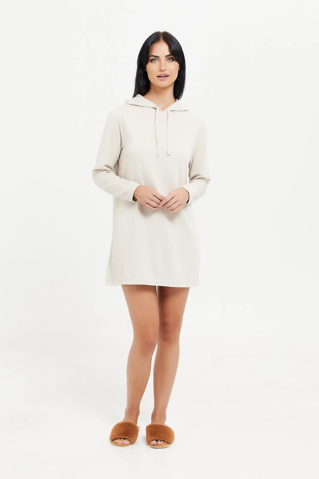 Women Beige Waffle Solid Nightshirt