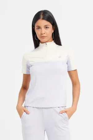 Women White Short Sleeve Color Block Sweatshirt