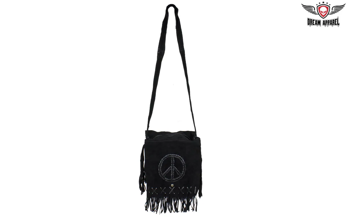 Women's Genuine Black Suede Pocketbook with Peace Sign